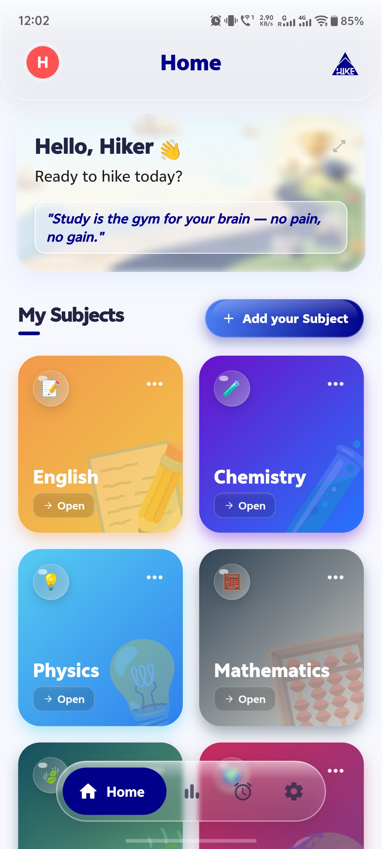 Hike Study dashboard screen