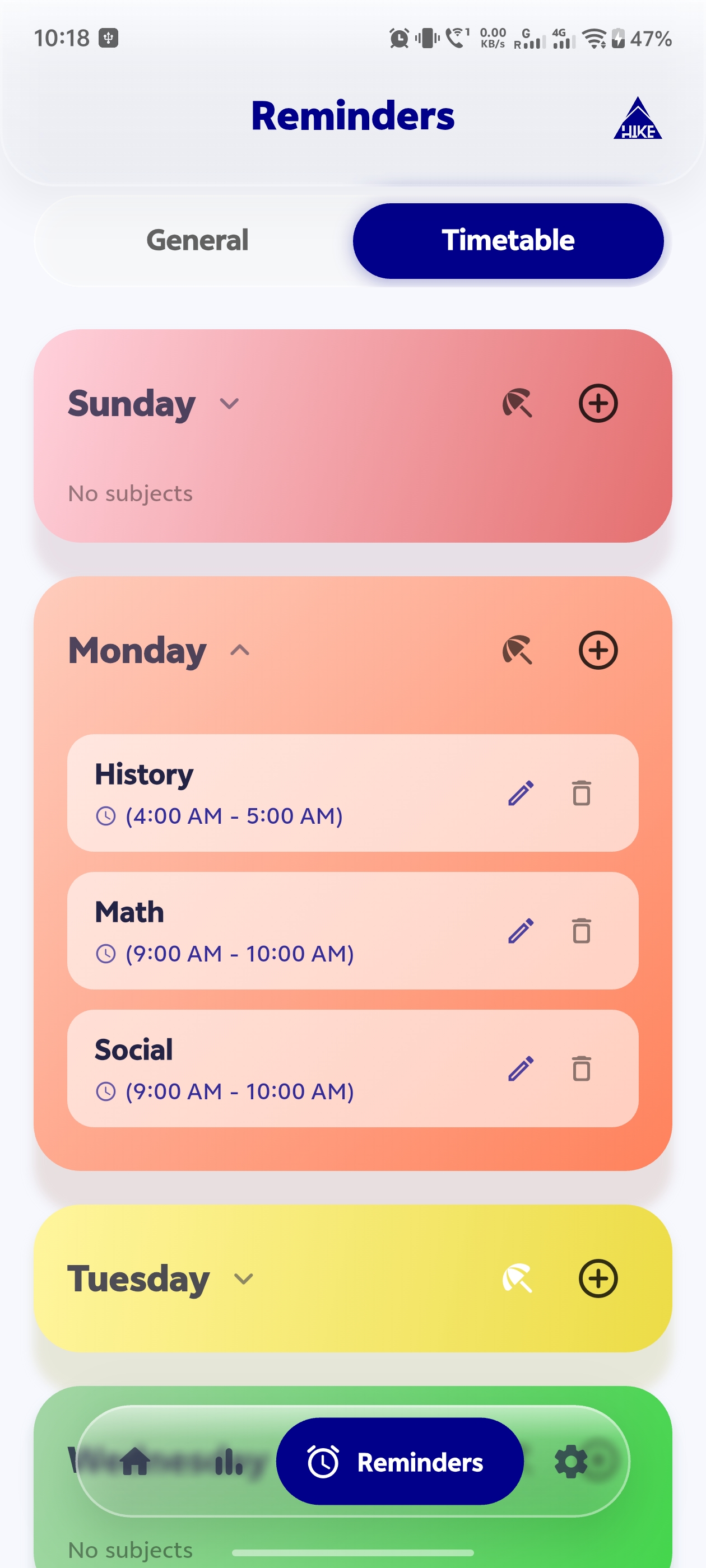 Hike Study planner screen